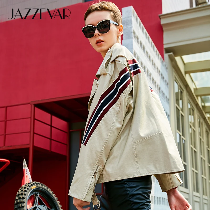 JAZZEVAR Новая Осенняя кожаная куртка модная уличная женская куртка из искусственной кожи с эффектом потертости мотоциклетные жакеты оверсайз хорошего качества YA7018