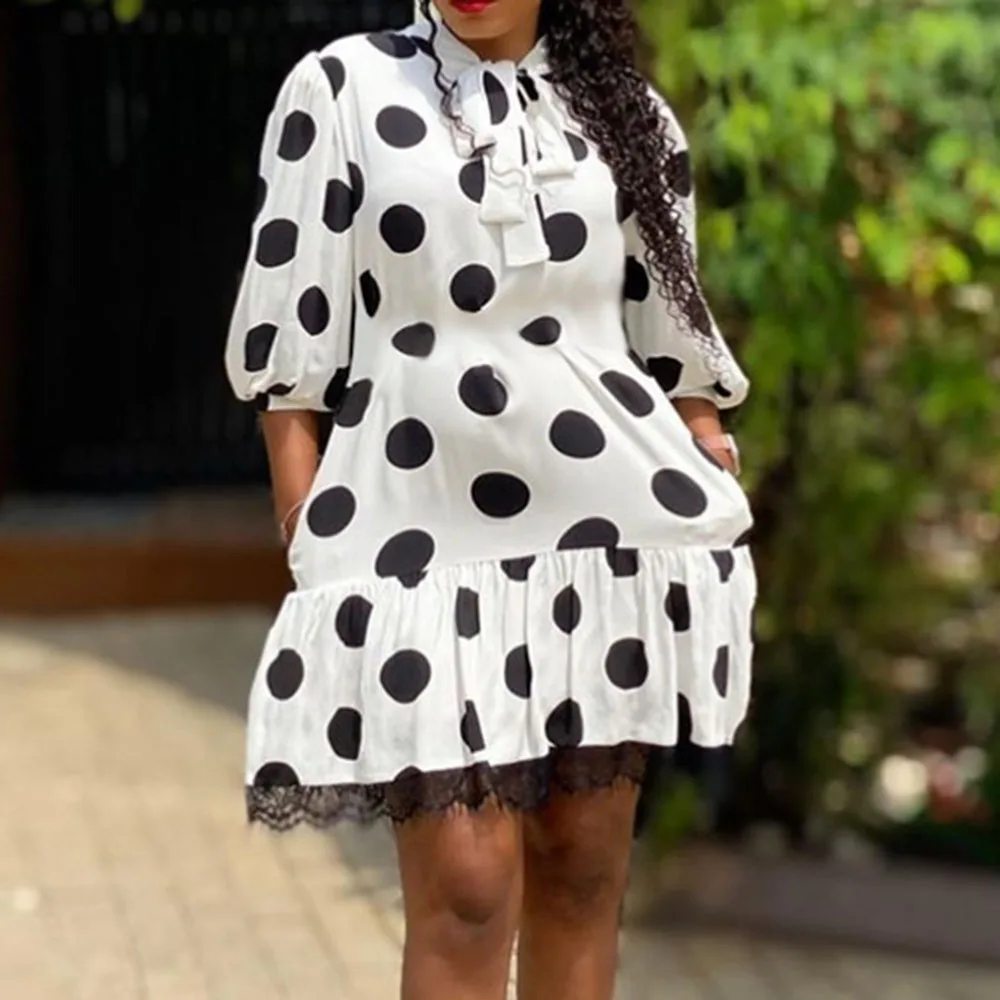 

Vintage Women Polka Dot Printed Dress Summer Puff Sleeve Work Party Dinner Midi Robe Femme Vestiods 2021 African Retro Vestiods