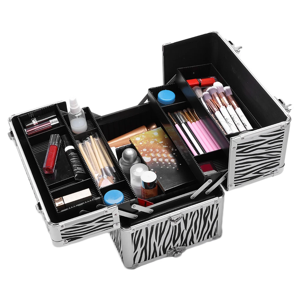 

3 In 1 Aluminum Cosmetic Makeup Case Tattoo Box White Zebra Print Removable Cosmetic Case For Makeup Artist Party Show Use