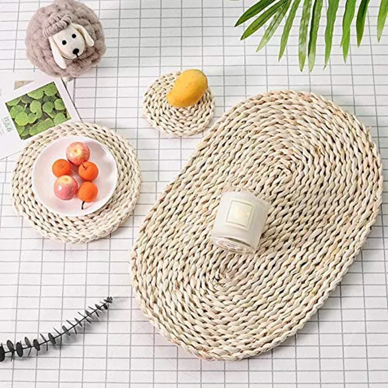 

Corn Straw Woven Placemats Oval Rattan Placemats Braided Dining Table Mats Natural Handmade Table Placemat Insulation Pad(11.81