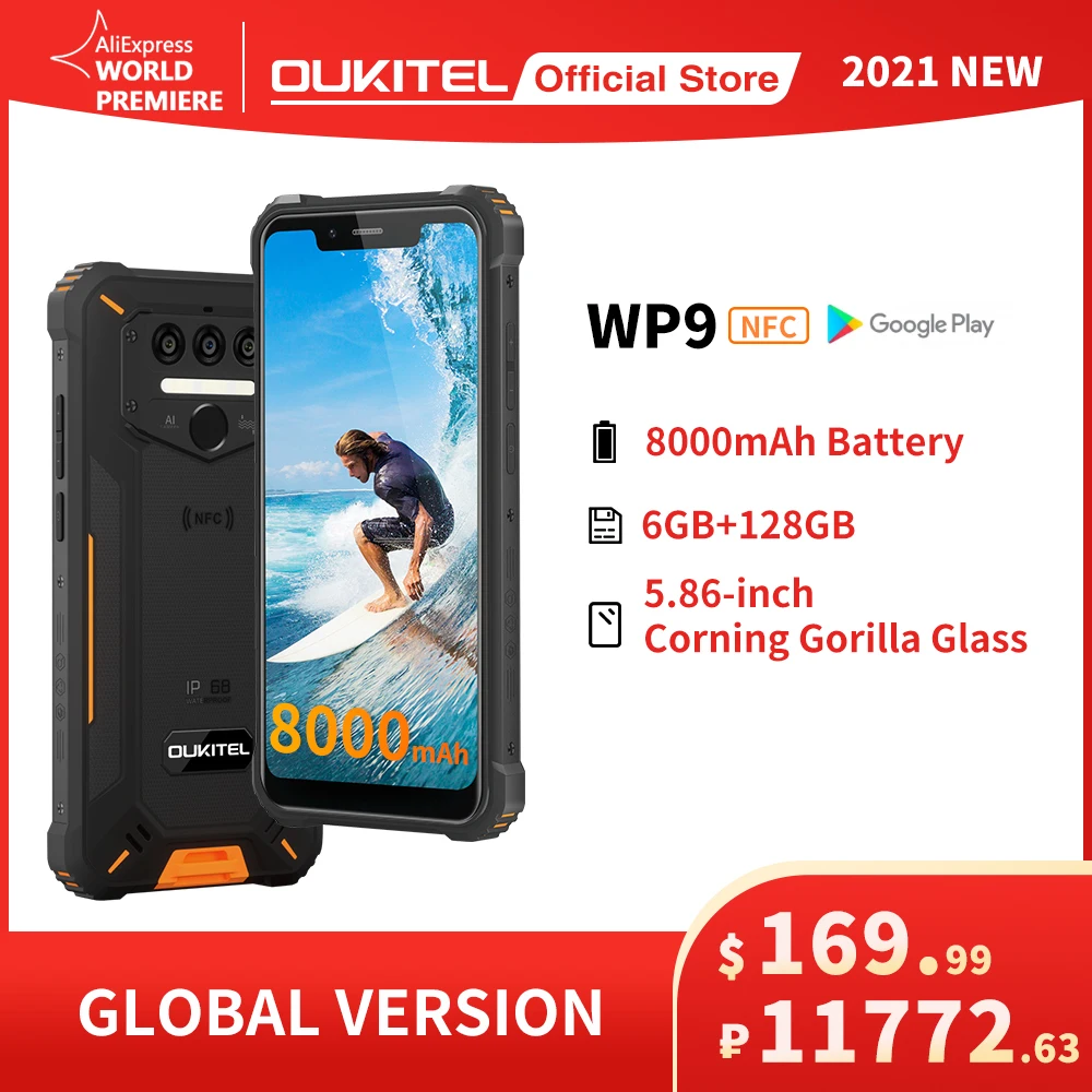 Oukitel WP9 Rugged 4G LTE Smartphone NFC 6G+128G 5.86" HD+ 8000mAh Android10 Mobile Phone 16M/8M Camera Octa Core Smart Phone