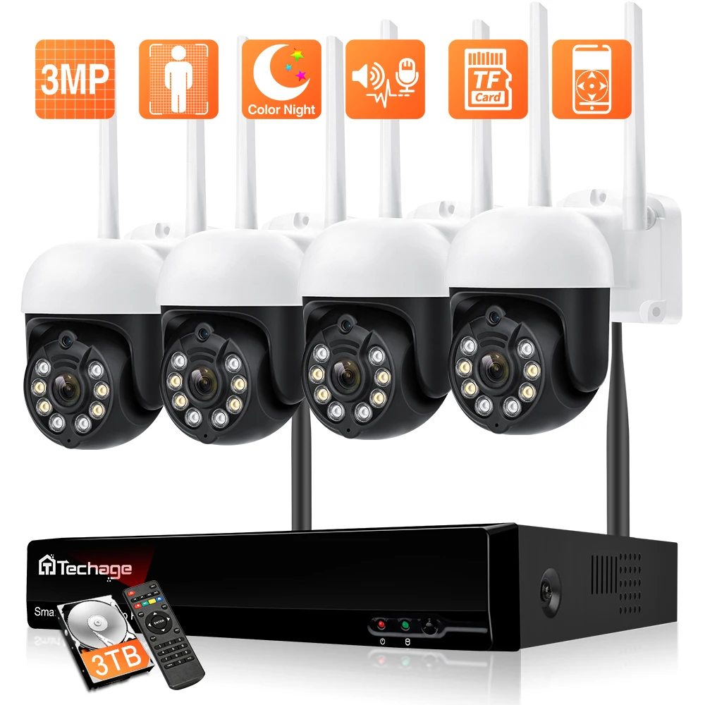 

Techage 3MP H.265 Video Surveillance Kit 8CH PTZ Wireless Security CCTV System Smart AI Human Detect WiFi IP Camera Color Night