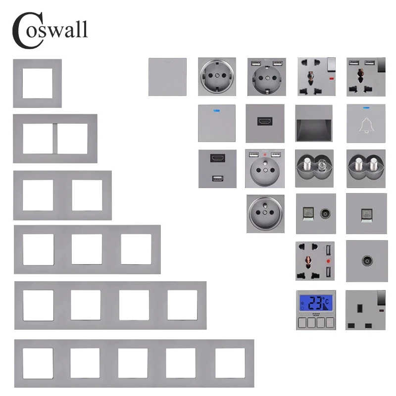 

COSWALL E20 Series Grey PC Panel Wall Switch EU French Socket HDMI-compatible USB Charger Female TV RJ4 Modules DIY