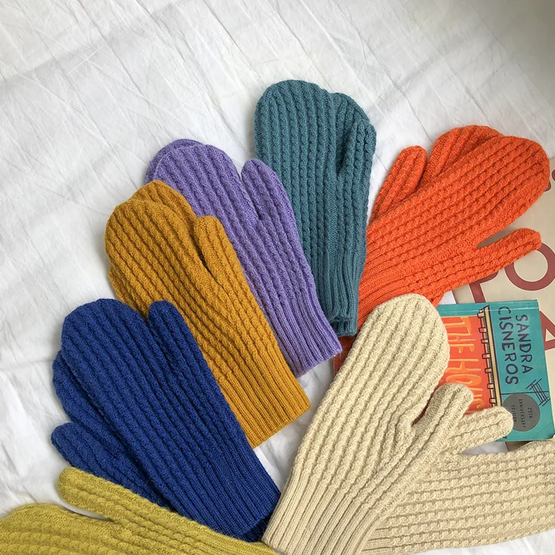 

Warm New Knitted Full-finger Gloves Female Winter Korea Style Of Solid Color All Fingers Winter Women Gloves Girls Mittens