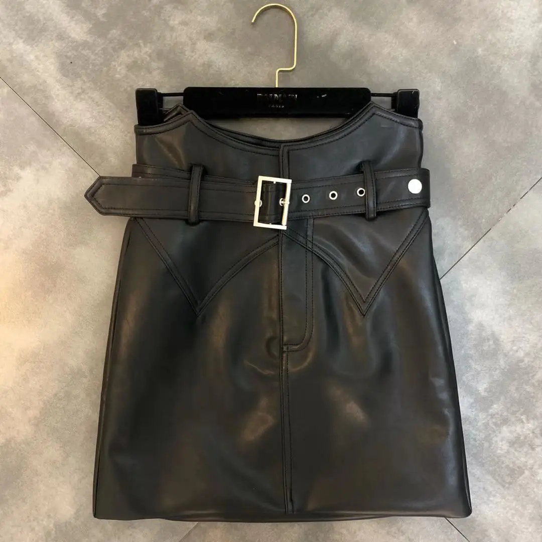 Черная кожаная женская юбка Осень зима 2019 новинка необычный пояс на талии из