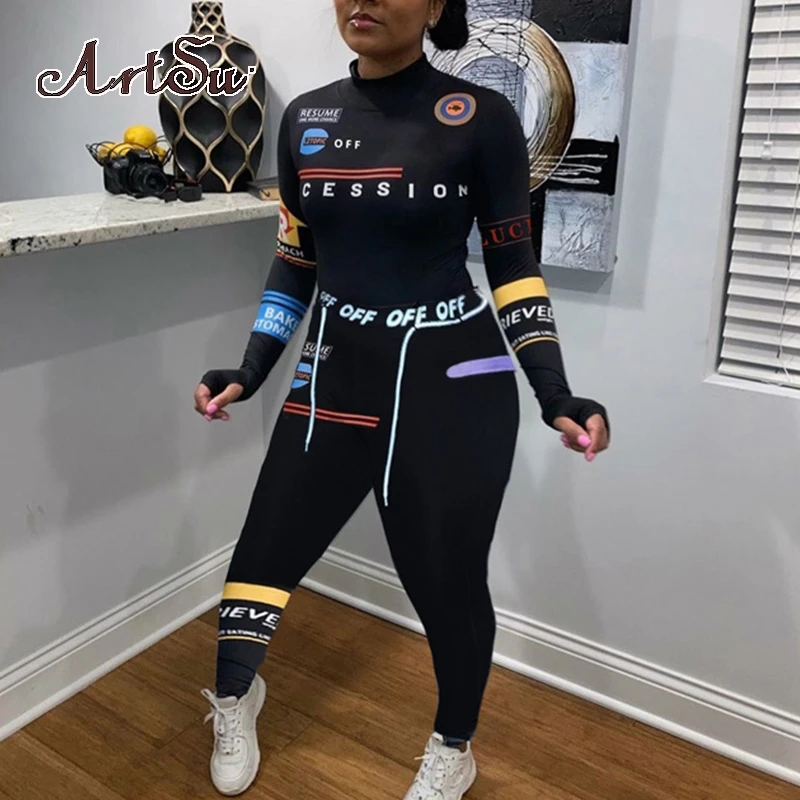 

Artsu Printed Stretchy Bodycon Jumpsuit Women 2020 Autumn Turtleneck Skinny Slim Fitness Sportswear Outfits AR30291