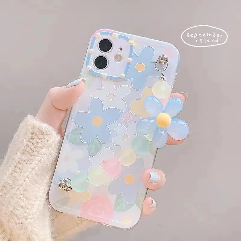 

INS Korean Candy Color Flower Bracelet Soft Phone Case For IPhone 7 8 PLus X XR XS 11 12 MINI Pro Max Lovely Bumper Back Cover