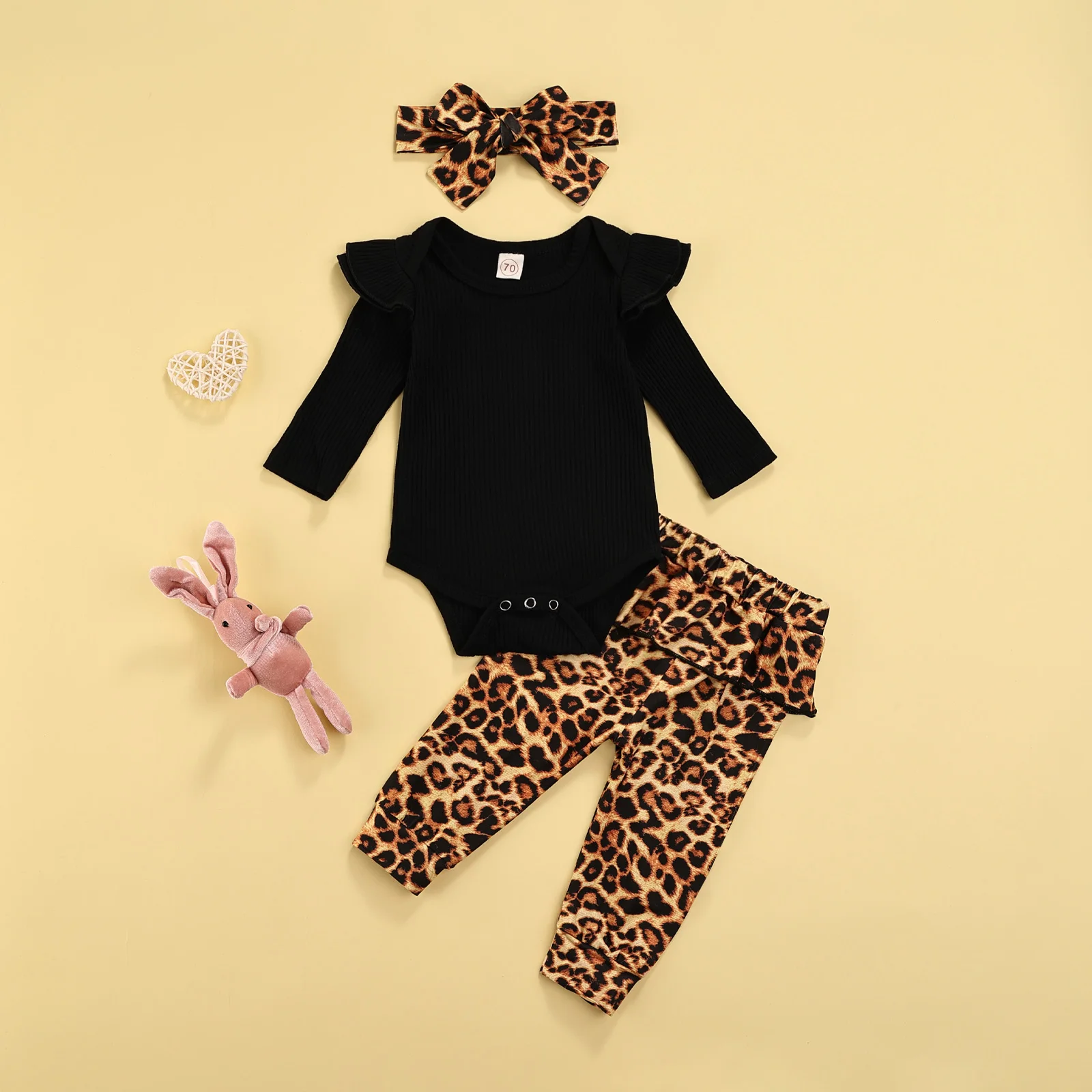 

Autumn 3Pcs Baby Girls Tops Trousers Clothing Sets Newborns Infant Solid Color Long Sleeve Rompers Leopard Long Pants Headband