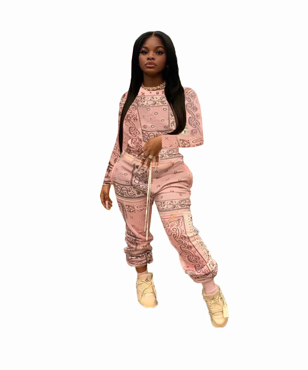 

KALENMOS Sport Bandanna Paisley Women Set Sweatshirt Jogger Pants Set Tracksuit Fitness Active Outfit Two Piece Matching Set