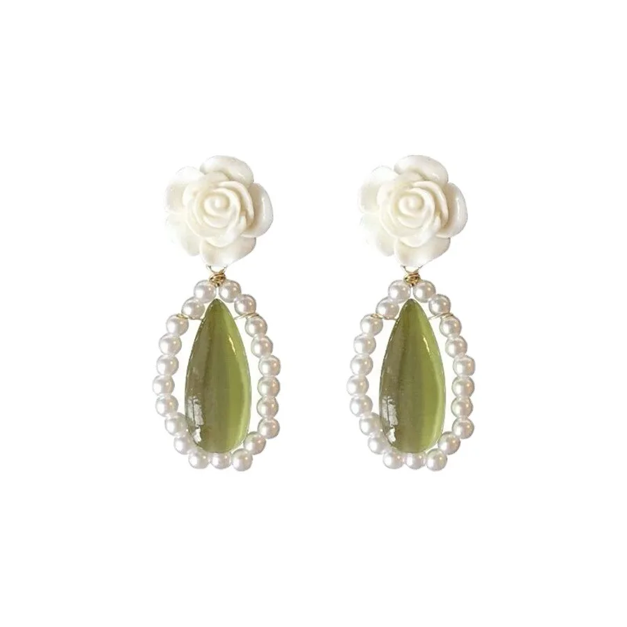 

Romantic Cute Pearl Opal White Rose Earrings for Women Green Jewelry Valentines Day Gift Boucle Oreille Femme Pendientes Mujer