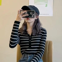2021 new striped with knitted bottom shirt womens thin slim long sleeve top