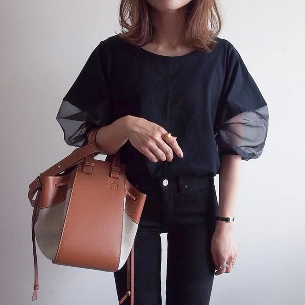 Женская рубашка в японском стиле черная летняя сетчатая блузка с рукавом до