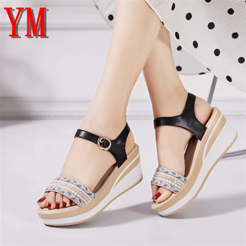 

2020 Sexy Women Sandals Design Flock Platform Wedge Female Casual High Increas Shoes Ladies Fashion Ankle Strap Open Toe Sandals