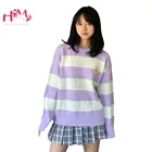 Милый женский свитер в стиле Харадзюку, Осенний фиолетовый вязаный джемпер в Корейском стиле, зимний Винтажный Розовый пуловер в полоску с длинным рукавом, Топ