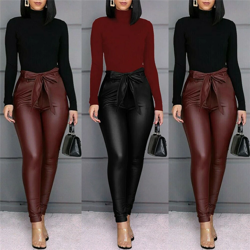 

Fashion Women Faux Leather Sexy Thin Black PU Leggings Calzas Mujer Stretchy Casual Pencil Pants Elastic Legging Trousers