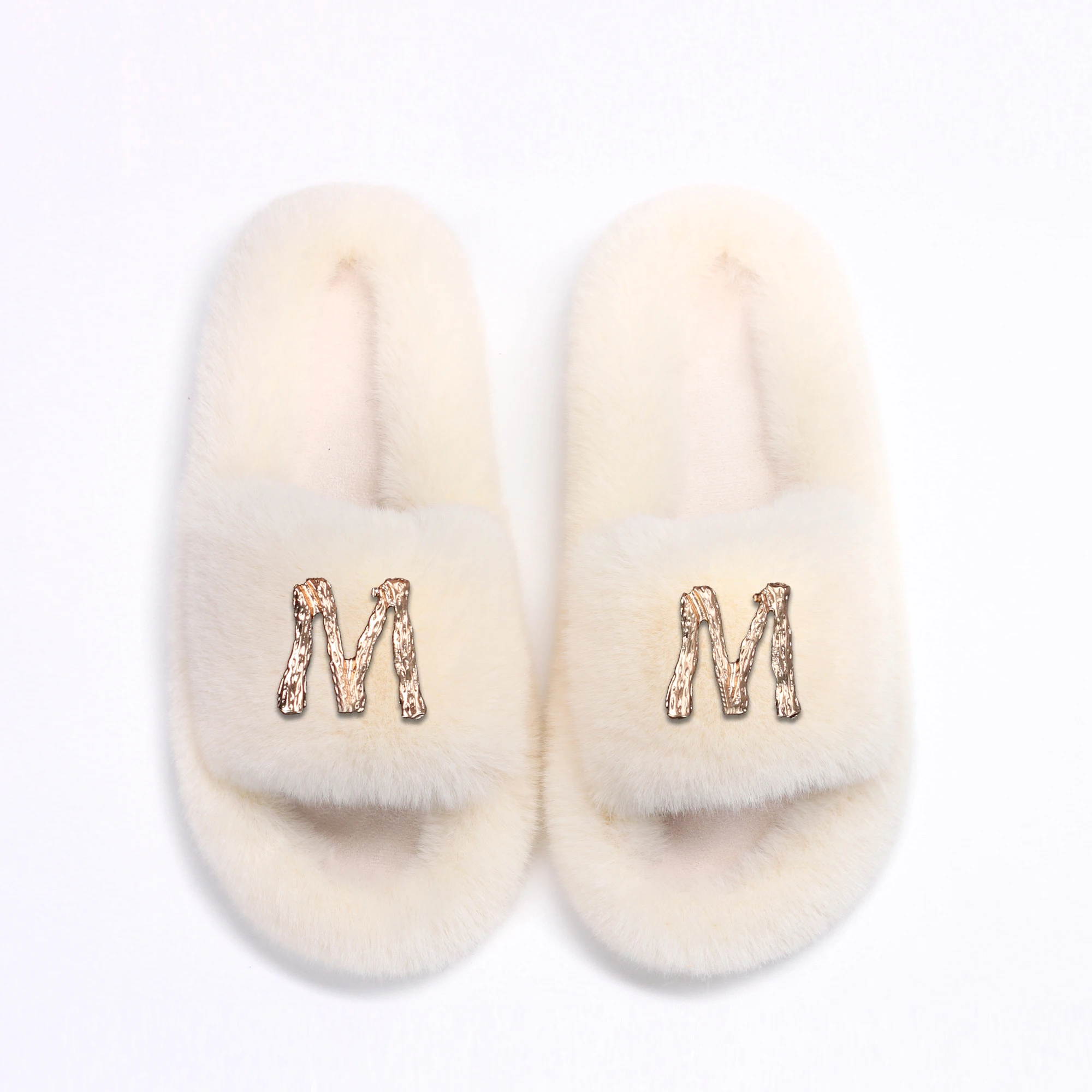 Letter M Designer Furry Faux Fur Slippers for Women Stainless Steel Custom Fur Slides Winter Warm Flip Flops Sandals Luxury Shoe