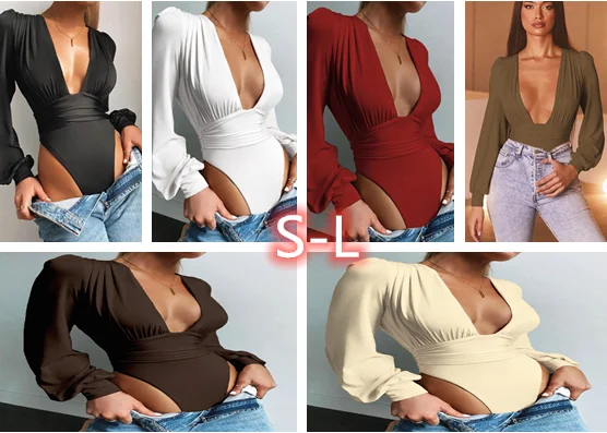 

Женское боди с глубоким V-образным вырезом, с рукавами-фонариками