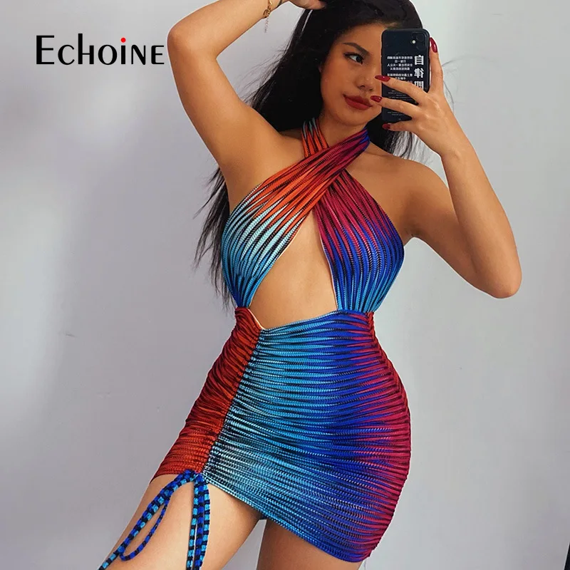 

Echoine Women Sexy Hollow Out Gradient Print Bodycon Mini Dress Wrap Halter Drawsting Backless Party NightClub Skinny Dresses