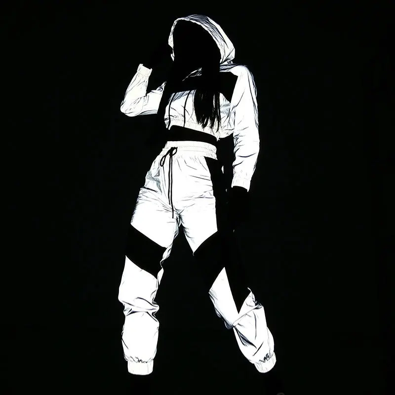 

Hip Hop Reflective 2 Piece Set Women Tracksuit Hoodies Crop Top Pants Fashion Female Loose Jacket Coat Matching Sets Plus Size