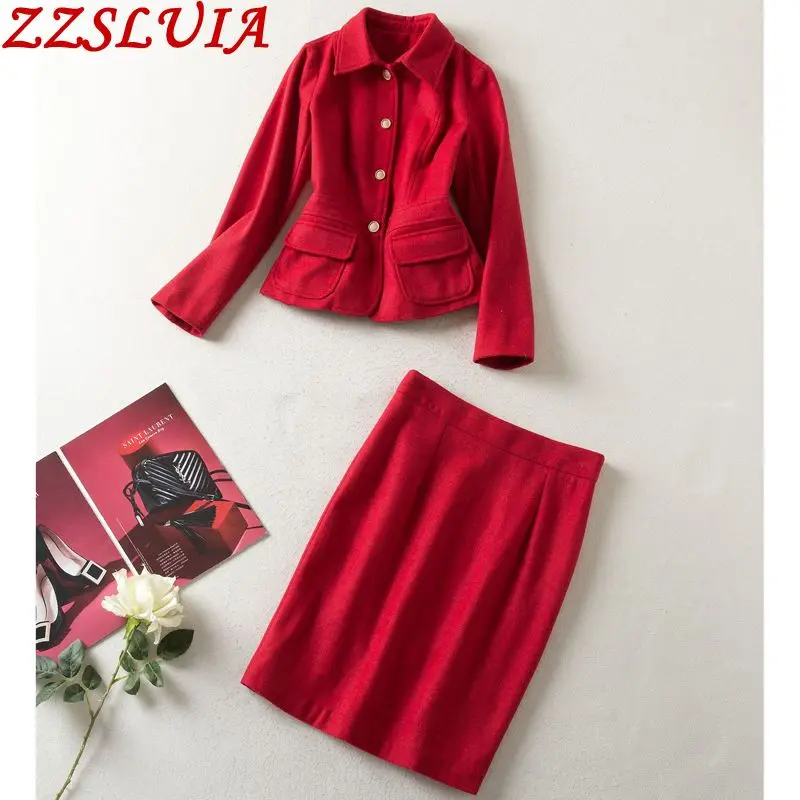 

Elegant Red Skirts Suits For Women Turn Down Collar Long Sleeve Blend Coat+ Pencil Skirt Twinset Fashion Ladies Set Female Cloth