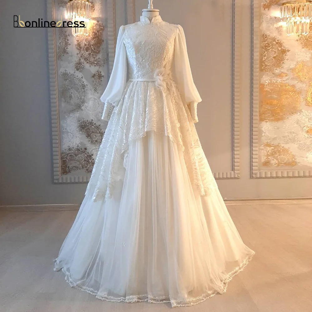 

Bbonlinedress Ivory Lace Moroccan Kaftan Evening Dress Appliques Sequin Formal Party Dresses Tiered Muslim Prom Gown Vestidos