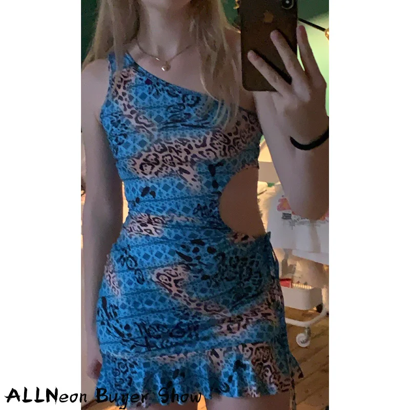 ALLNeon E-girl винтажное камуфляжное платье на одно плечо с вырезами праздничное