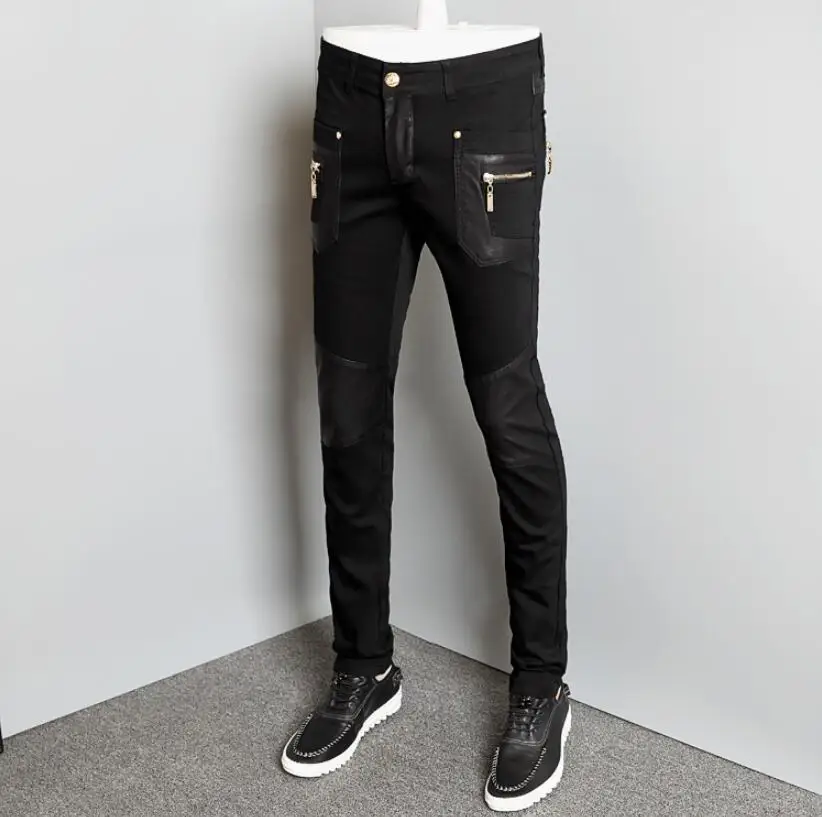 28-36 New 2020 Men's Hair Stylist fashion skinny denim stitched Pu locomotive half leather pants plus size costumes