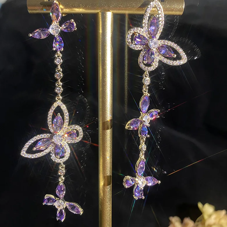 

Purple Crystal Earring Long Asymmetric Flower women Jewelry Classic Cubic Zirconia Korean Pop Dangle Luxurious Fashion earrings