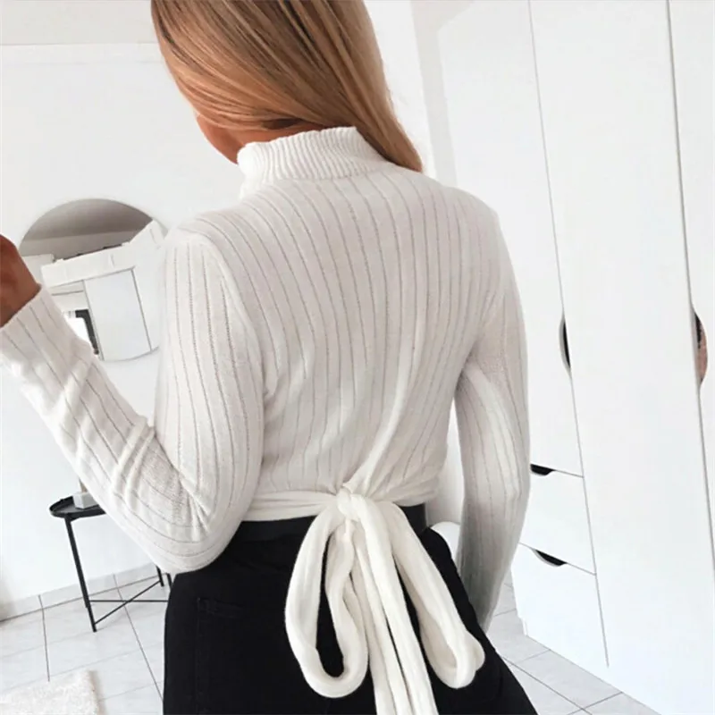 2020 сексуальный вязаный свитер пуловер женская зимняя водолазка с бантом на спине