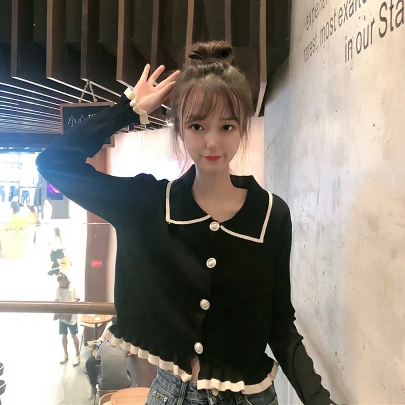 

Fashion Lapel Ruffled Sweet Stitching Color Long-sleeved Knit Cardigan Red Single-breasted Cardigan