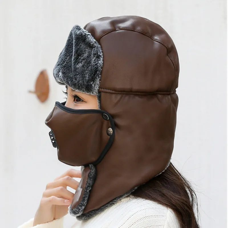 

Winter Thermal Bomber Hats Earmuffs Cap Windproof Ski Cap Balaclava Hat Thermal Fleece Faux Fur Hat Mask Scarf Set for Men Women
