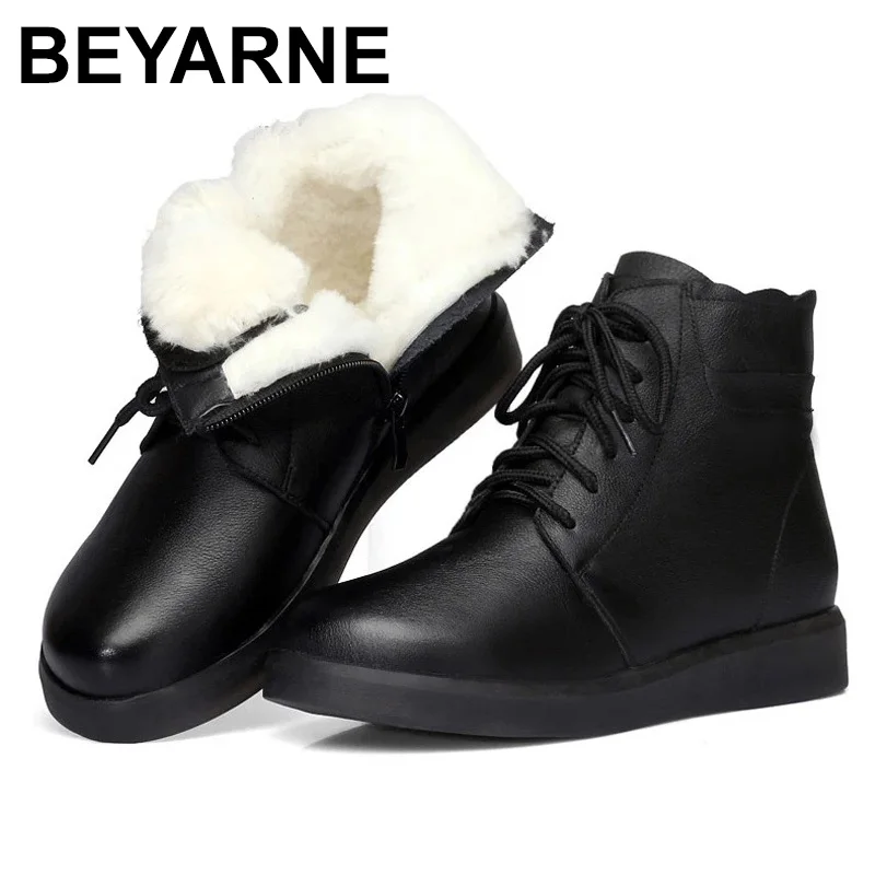 

BEYARNE Winter Ankle Thick Women Boots 2021 New Genuine Leather Women Shoes Zip Round Toe Flat With Cross-tied Platform Boots