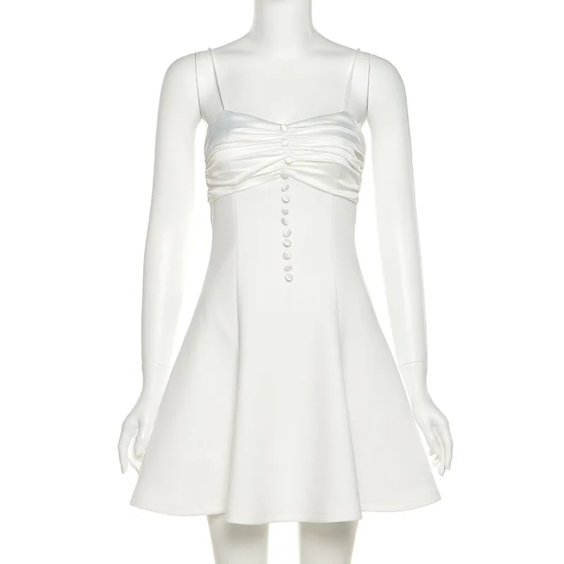 

2021 Summer New Women's Single-Breasted Strap Backless Fashion Stitching Elegant Slim Dress