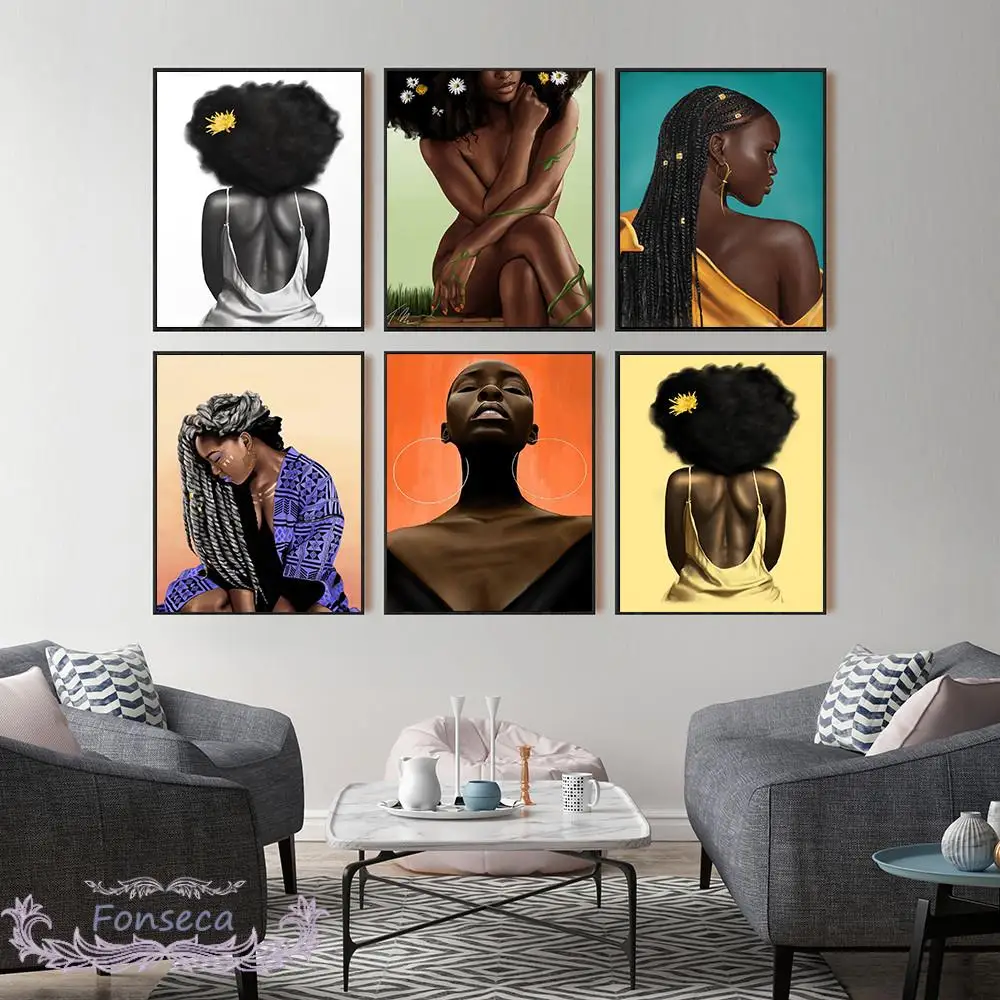 

African Art Black Girl Poster and Print Woman Portrait Painting On Canvas Cuadros Scandinavian Wall Art Picture for Living Room