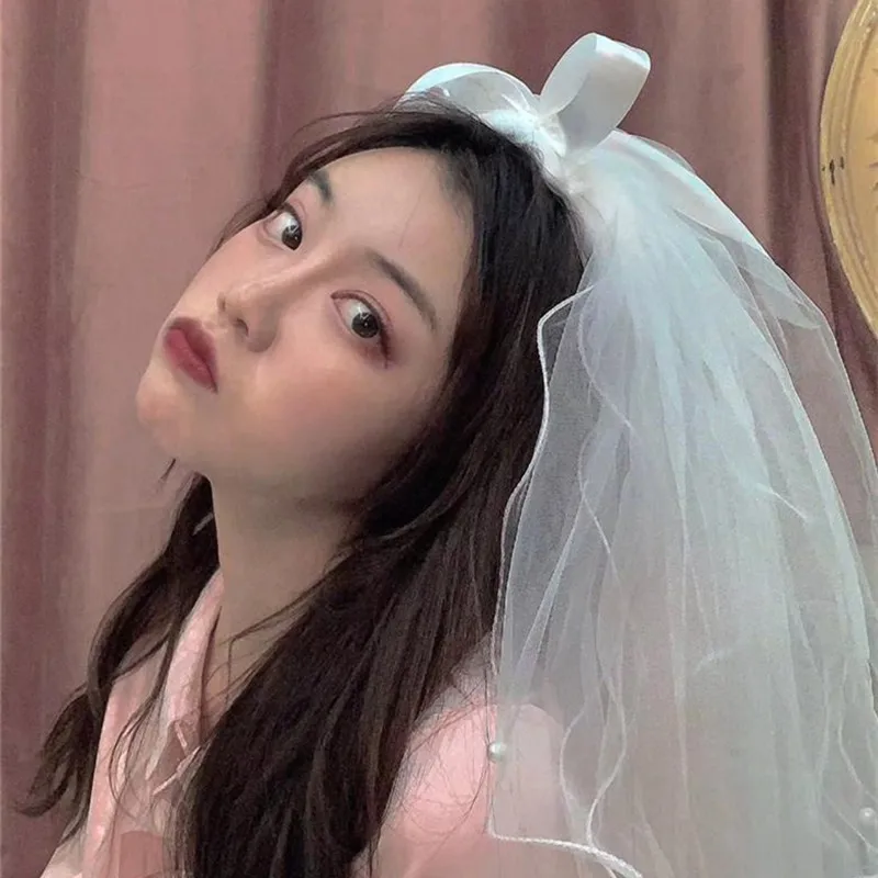 Искусственная Фата для девичника белая двойная пряжа с бантом невесты вечеринки