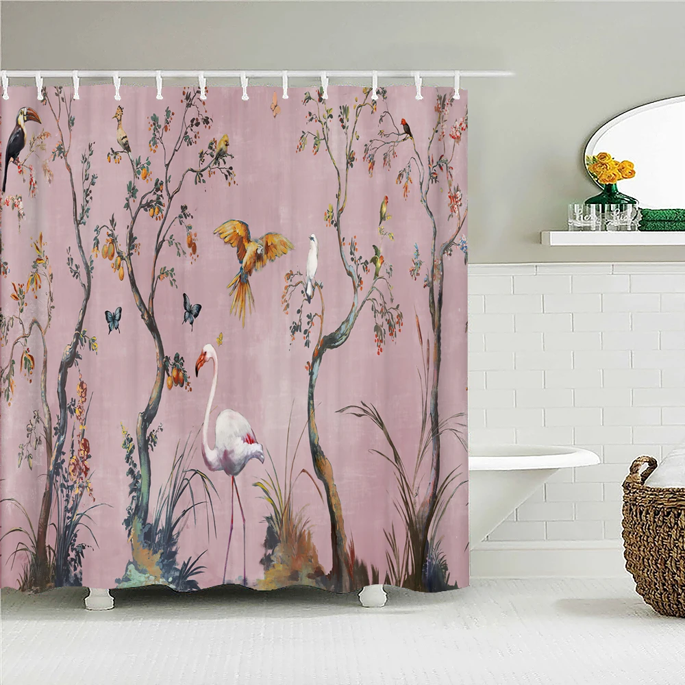 

3D Chinese-style Printed Shower Curtain Waterproof Bathroom Curtains Polyester Flowers Birds Plants Bathtub Screen Home Decor