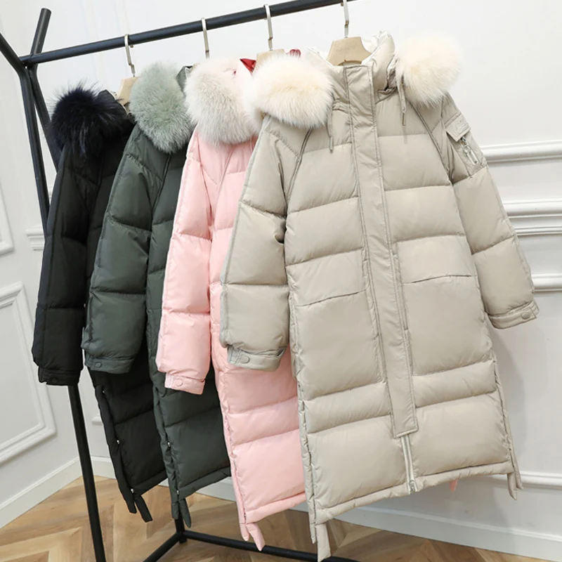 

Winter Casual Loose Thicken Down Jackets Long Real Natural Fox Fur Collar Winter Parkas New Large Hooded Warm Down Coats Women
