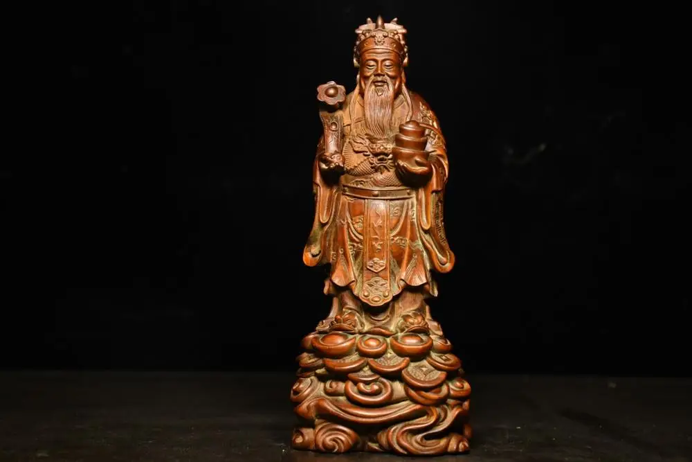 

Home Decor 8" Old Boxwood Pure Hand-Carved he God of Wealth Buddha The god of money Lucky fortune