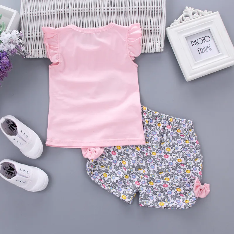 

1-4Y Children's Suit Fashion Baby Kids Cotton Lollipop T-shirt Tops+Floral Print Bow Shorts Outfits for Girls Clothing Set