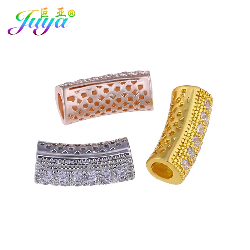 Juya DIY золотые/серебряные/розовые золотые разделительные бусины, поставки, микро проложенные циркониевые изогнутые трубчатые бусины для изготовления ювелирных изделий из натурального камня и жемчуга