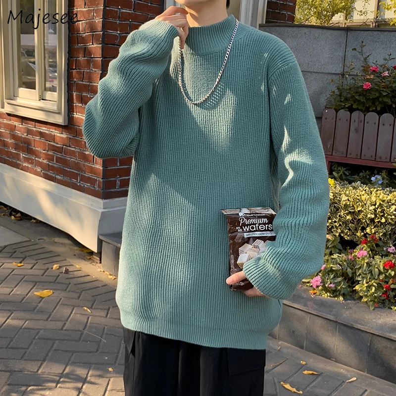 

Men Pullovers Mock Neck Solid Loose Casual Sweater Knitted Basic Tops Autumn Winter All-match Korean Style Ulzzang Simple Trendy