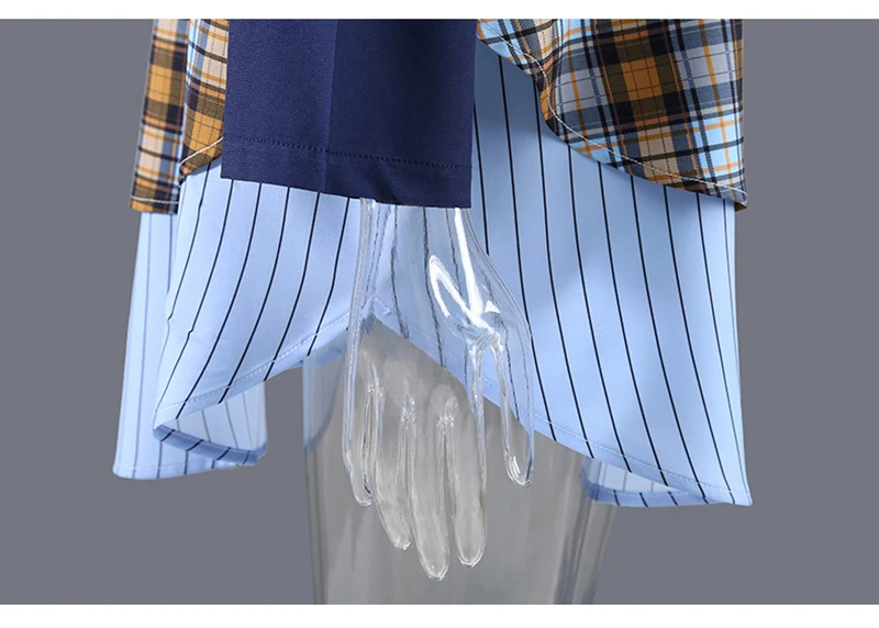 

[EAM] Women Blue Plaid Irregular Oversized Casual T-shirt New Round Neck Long Sleeve Fashion Tide Spring Autumn 2021 1DE1097