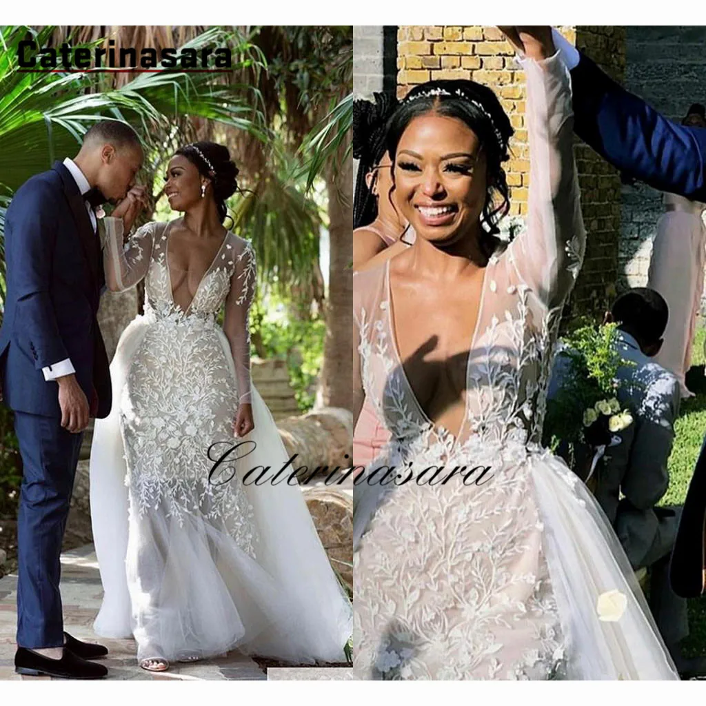

Sexy Deep V-neck Mermaid Wedding Dresses with Detachable Tulle Train Illusion Applique Long Sleeves Bridal Gown vestido de noiva