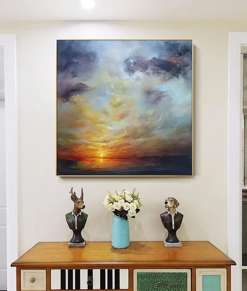 Sunset Painting Landscape Canvas Cloud Sky Abstract Oversize Wall Art Gold Yellow | Дом и сад