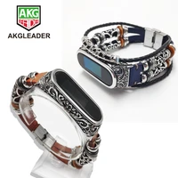 akgleader for xiaomi mi band 4 3 nfc retro watch band genuine leather with jewelry wrist strap metal engrave case for miband 3 4