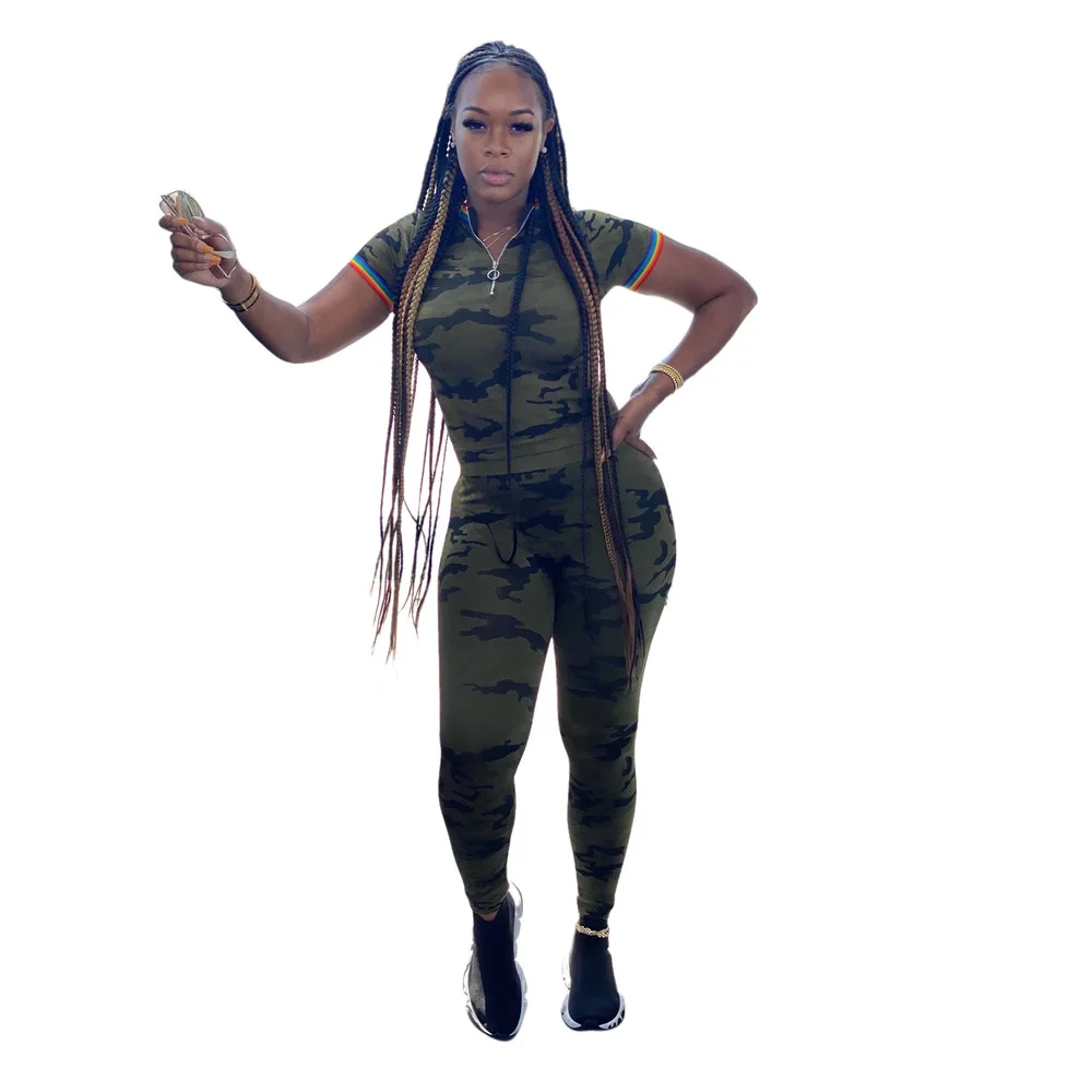 

Camouflage Print Two Piece Sweatsuits 2021 Autumn Women Zipper Up Short Sleeve T-shirts and Skinny Pant Activewear Workout Suits