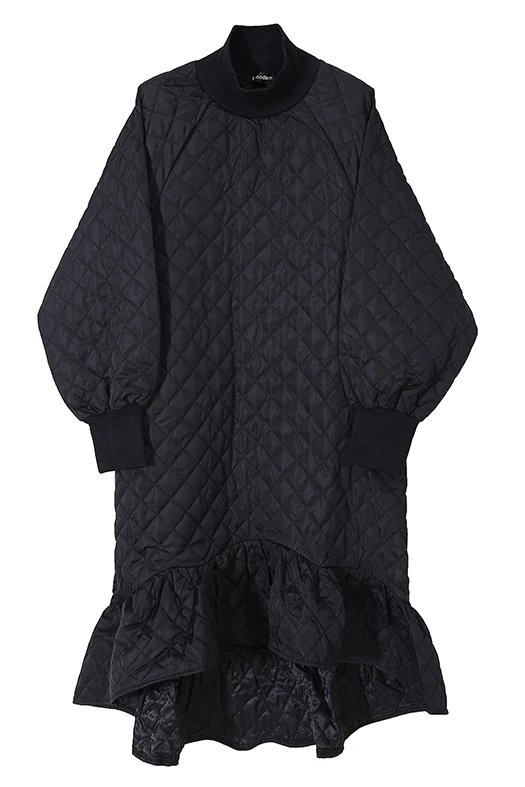 

2021 Winter New Bottoming Mid-High Collar Dress Women's Loose Rhombus Thickened Cotton Padded Coat Fishtail Sweatshirt Dress
