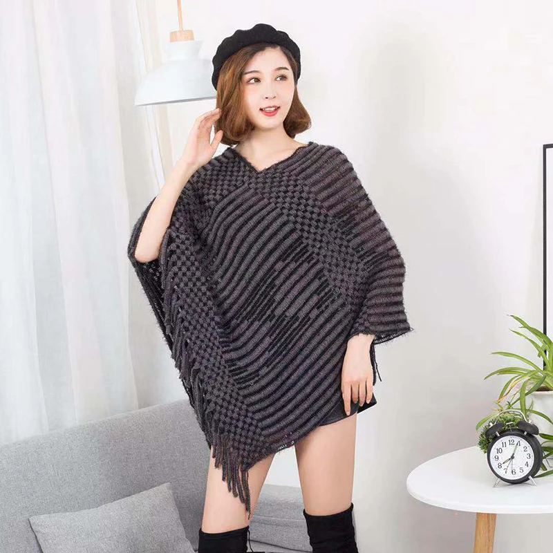 DISIMAN женская зимняя одежда пончо с кисточками женский вязанный большим
