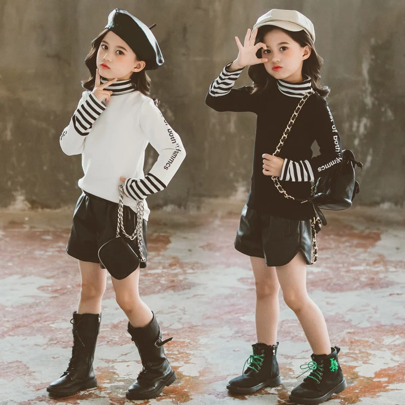 

Teenager Girls Cool Outfit Kids Fashion Clothes Set Autumn Striped Casual Loose Turtleneck Sweater and Leather Short Suits 4-13Y