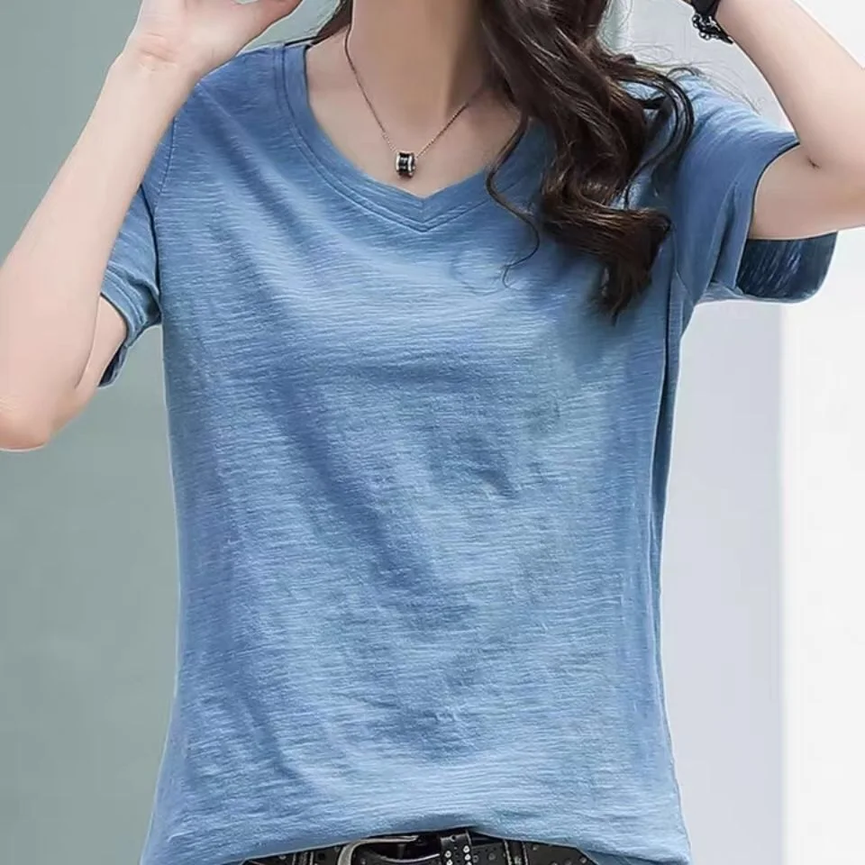 

100% Cotton T Shirt Woman O Neck Short Sleeve T-shirt Woman Korean Style Plus Size Shirt 2021 New Summer Fashion Women Shirts